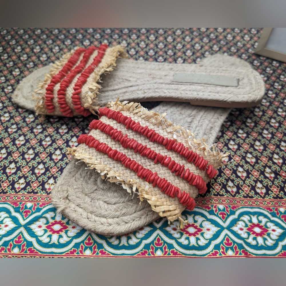 ASOS Coral and Raffia Slides Sz 9